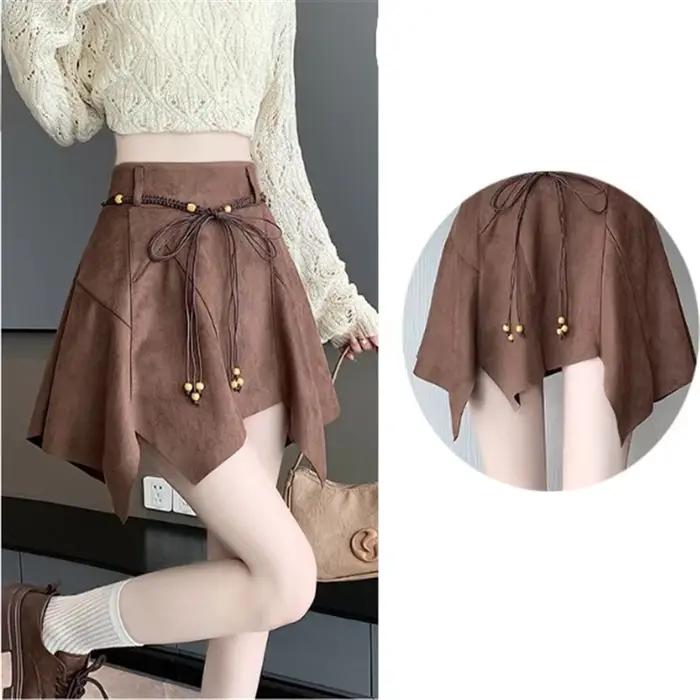 Jupes irrégulières fille jupe courte Vintage daim Midi taille haute jupe trapèze coquine Multi ceinture pantalon de sécurité jupe intégrée