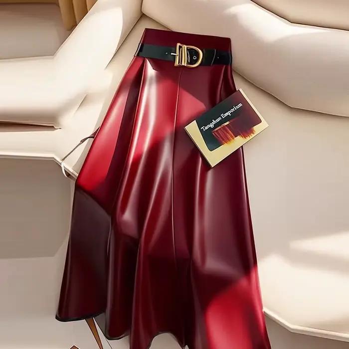 Jupe mi-longue en cuir PU rouge pour femmes