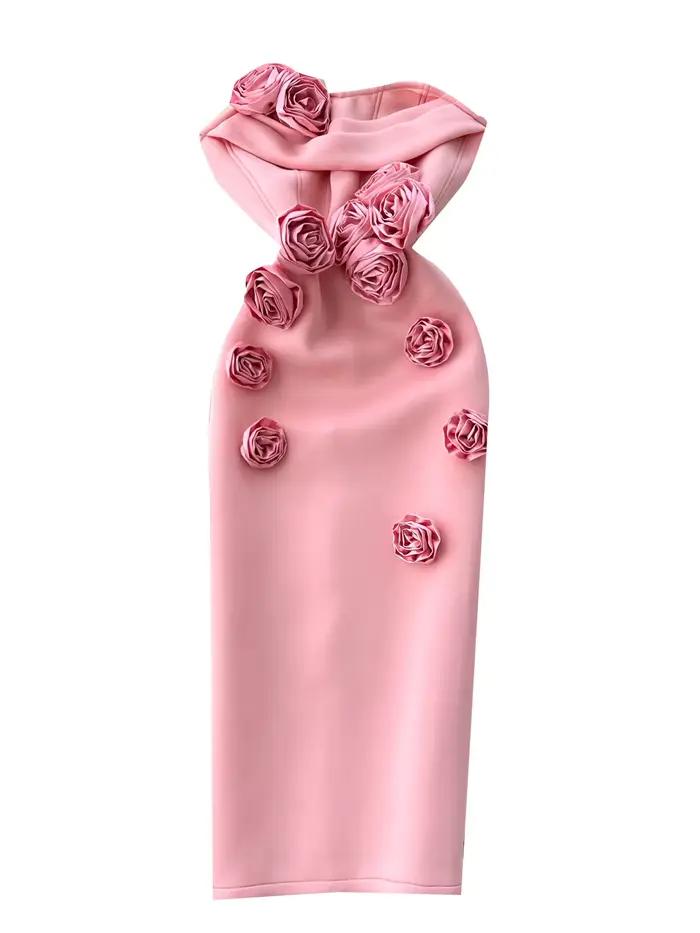 Robe de soirée sans bretelles pour femmes, européenne et américaine, haut de gamme, Socialite lourde, fleur 3D, sans manches, taille Slim, robe crayon