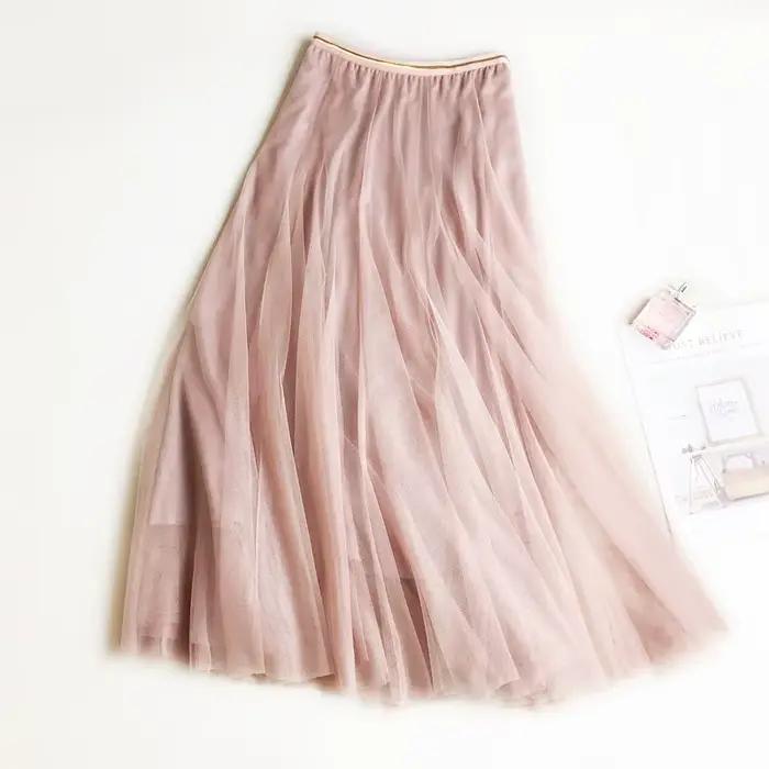 Été maille femmes jupe plissée solide taille haute une ligne Tulle jupes Chic longue Maxi Tutu