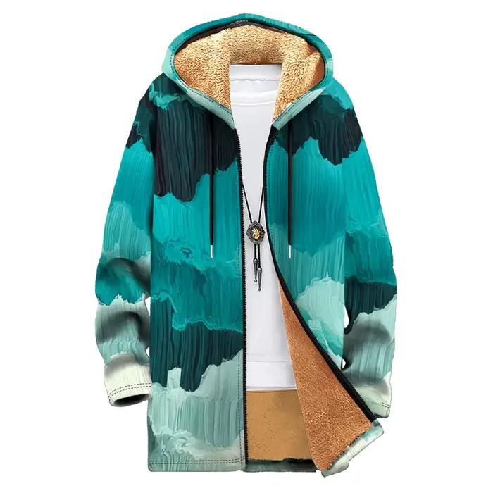 Parka longue d'hiver imprimée, manteaux Cardigan doublés en polaire, couleurs tendance, dégradé, veste à capuche, vêtements d'extérieur chauds, surdimensionnés pour hommes et femmes
