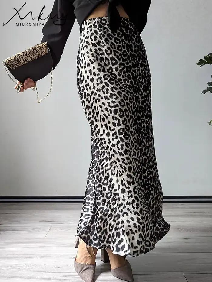 MiuKoMiYa printemps Satin imprimé léopard Maxi jupe femmes taille haute une ligne bureau mince longue