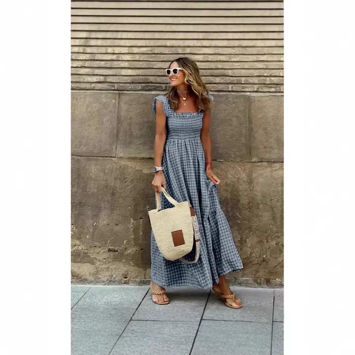 Robe longue d'été pour femmes, imprimé à carreaux, sans manches, taille élastique, ligne A, Maxi, décontractée, 2025