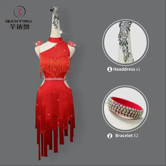 Robes de soirée rouges pour femmes, costume de danse latine élégant, compétition 2026, jupe à franges pour filles, vêtements de danse mi-longs, costume de samba pour bal  fille robes soirée costume ju