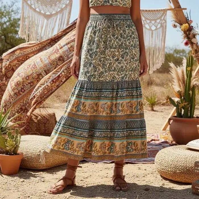 Hippie Queens femmes gothique Floral paon imprimé taille haute élastique plage bohème jupe dames a-ligne Midi Boho jupes