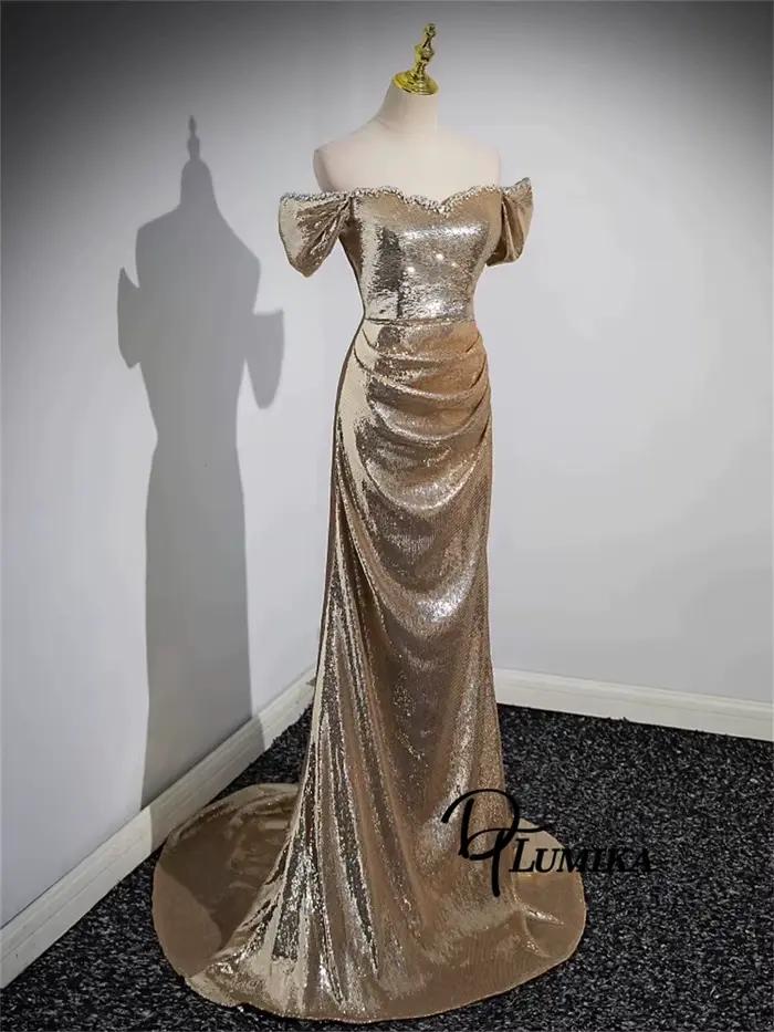 DTLumika - Robe longue à paillettes dorées, manches épaules dénudées, col en cœur perlé, longue gaine, robe de bal, robes de soirée