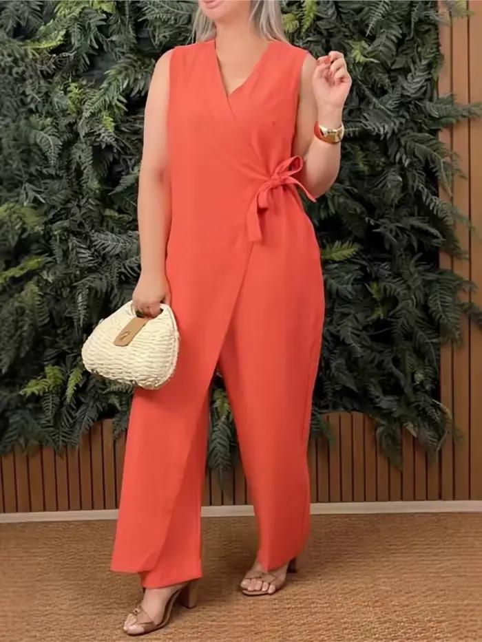 Femme combinaison décontractée col en v sans manches à lacets combinaisons pour femmes mode bureau vacances femmes vêtements combinaisons été nouveau