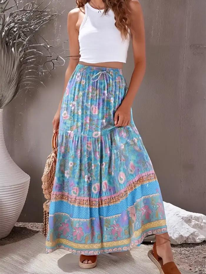 Boho Dinner ens-Jupe maxi plissée à pompons pour femmes, taille élastique, imprimé floral bleu, rayonne, plage, été, hiphélicoptère, vintage