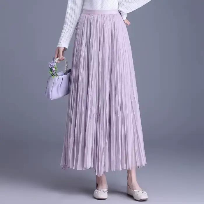 Jupe longue plissée taille haute en gaze violette pour femme