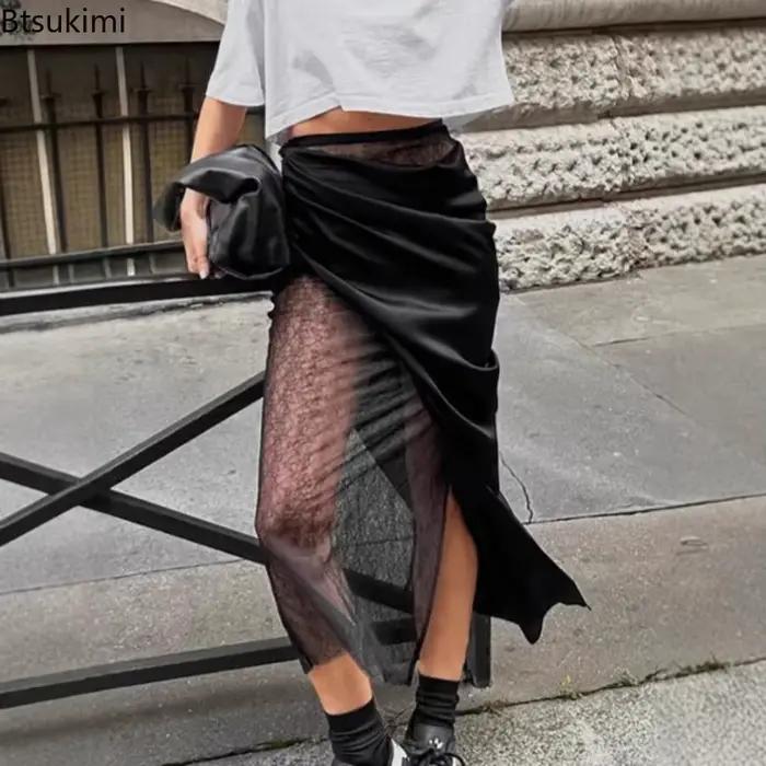 Jupe longue asymétrique noire avec patchwork de dentelle pour femmes, mode féminine, streetwear tendance, occasion spéciale