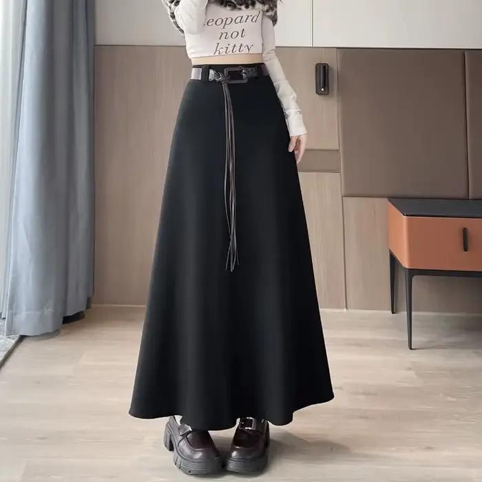 Jupe longue pour femme, taille haute avec ceinture, coupe évasée en A
