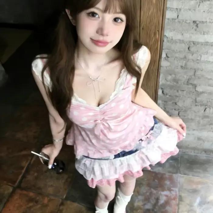 Jupe courte Y2K vintage rose patchwork en jean douce pour jeunes filles mode créateur effets gâteau dentelle pois mini au-dessus du genou occassions spéciales printemps été