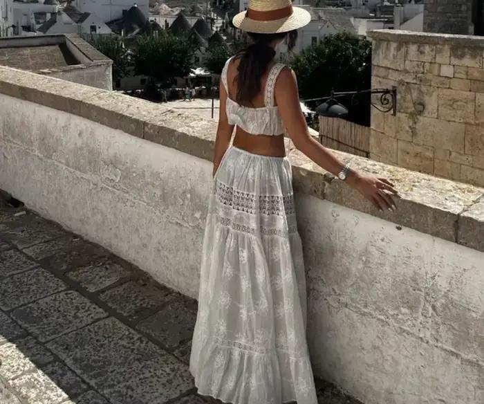 Tenue d'été blanche pour femmes, jupe longue de jardin botanique
