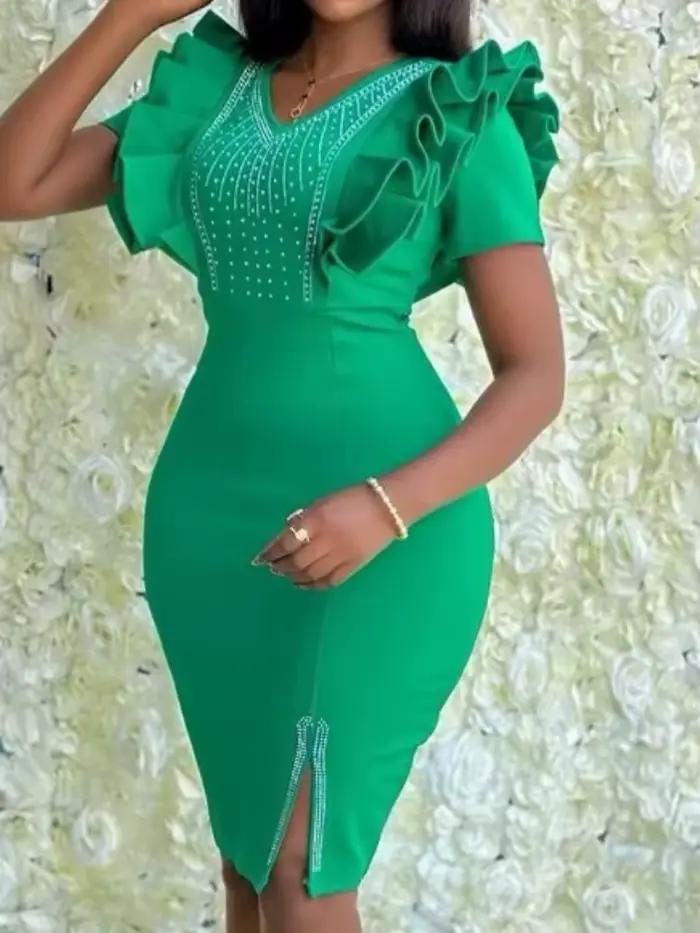 Robe d'invitée de mariage col en V pétale manches courtes élégante pour femmes soirées et mariages