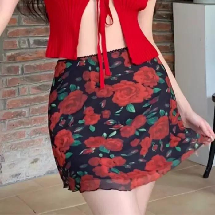 Mini jupe vintage à imprimé rose pour femme