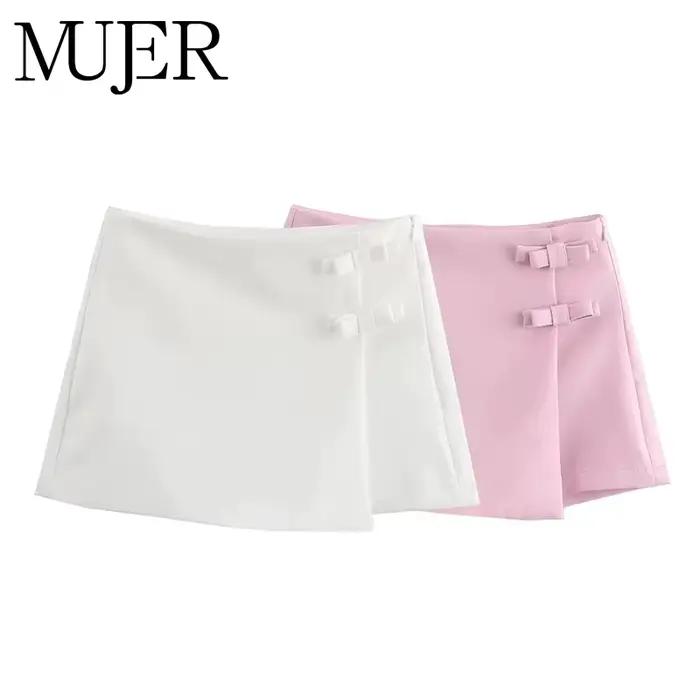 Jupe-short rose et blanche pour femme, mini-jupe tendance avec nœud, jupe courte fendue d'été, jupe-short taille haute pour femme