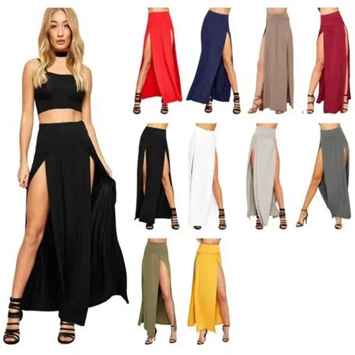 Nouveauté taille haute Sexy femmes Double fentes été solide longue Maxi jupe en gros 51 cadeaux de saint valentin