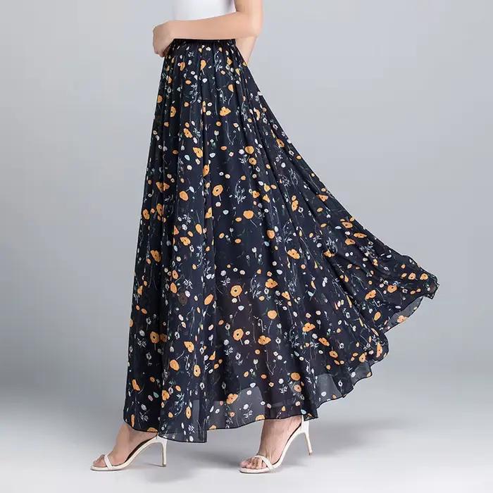 Jupe longue taille haute en mousseline de soie pour femme