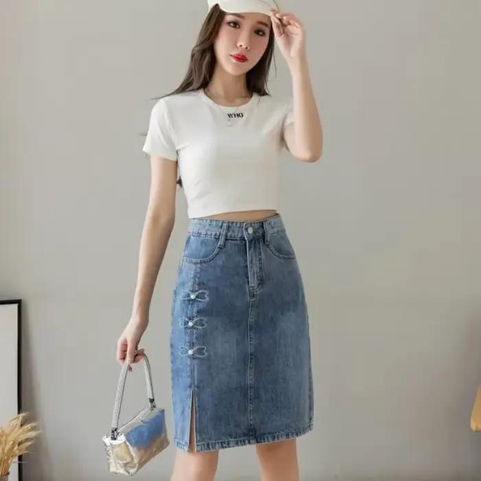 Jupe en jean mi-longue avec poche pour femme, vêtements trapèze mignons, jupes en jean femme, chic potelé, élégant, modeste, vente, Kawaii