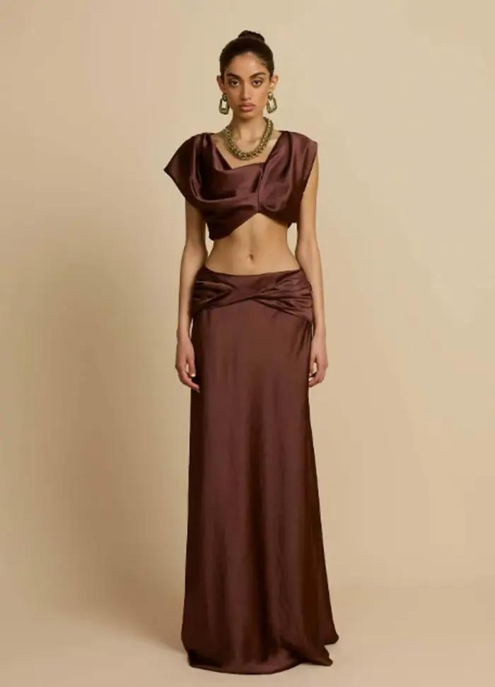 Ensembles de mode décontractés en satin couleur unie : hauts courts asymétriques et jupes longues taille haute pour femme, tenue de vacances