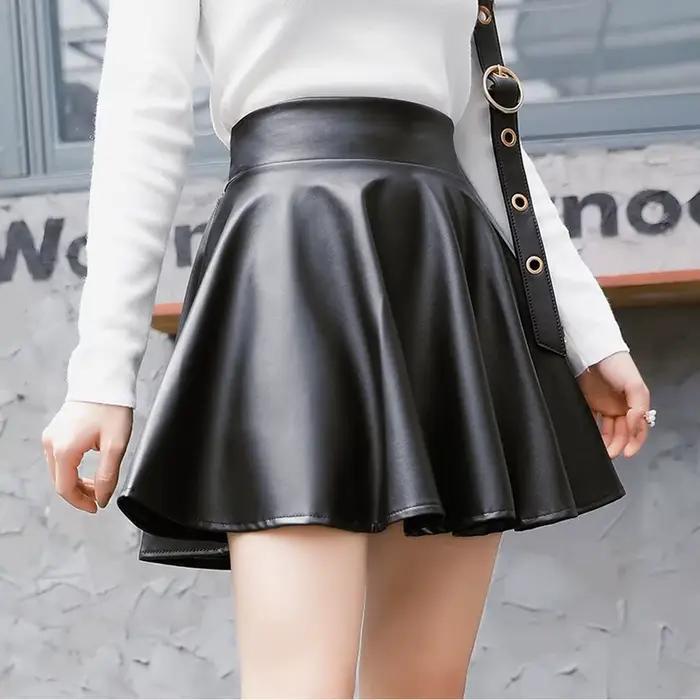 Mode chaude patineuse polyvalente élastique Faux cuir jupes jupe courte Mini taille haute