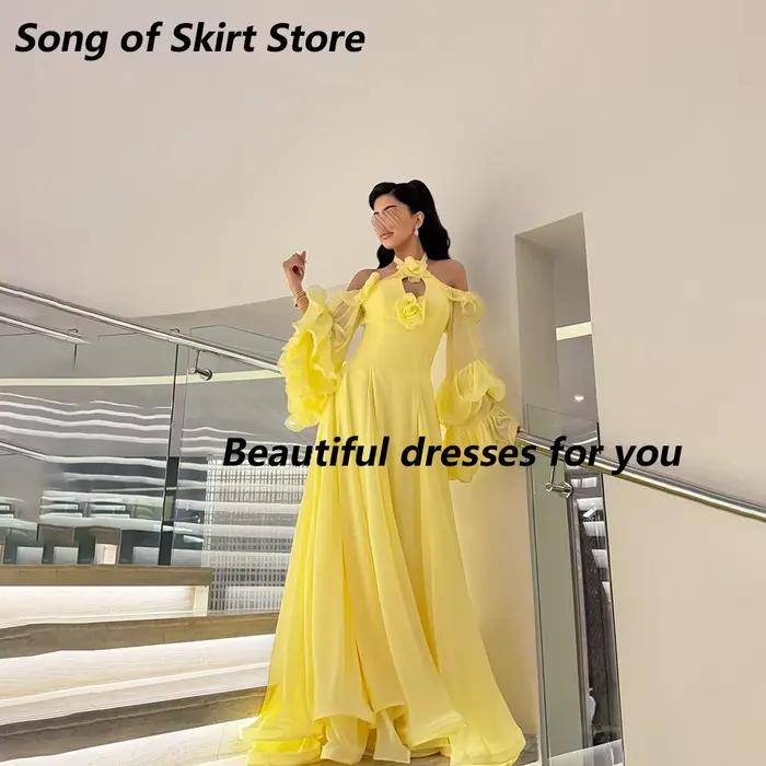 Robe de soirée jaune à épaules dénudées, en mousseline de soie, à manches longues et à volants, coupe trapèze, longue, pour soirée formelle ou invitée de mariage, personnalisable