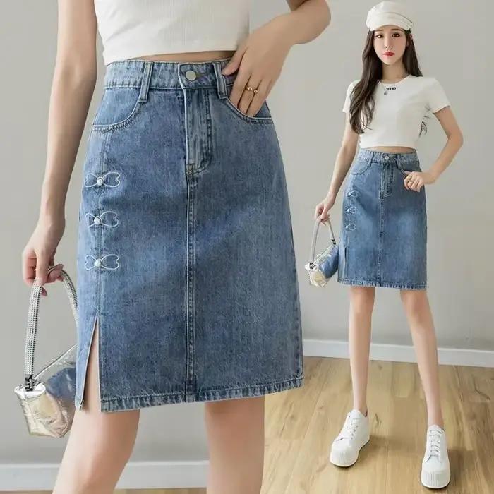 Jupe en jean mi-longue avec poche pour femme, vêtements trapèze mignons, jupes en jean femme, chic potelé, élégant, modeste, vente, Kawaii