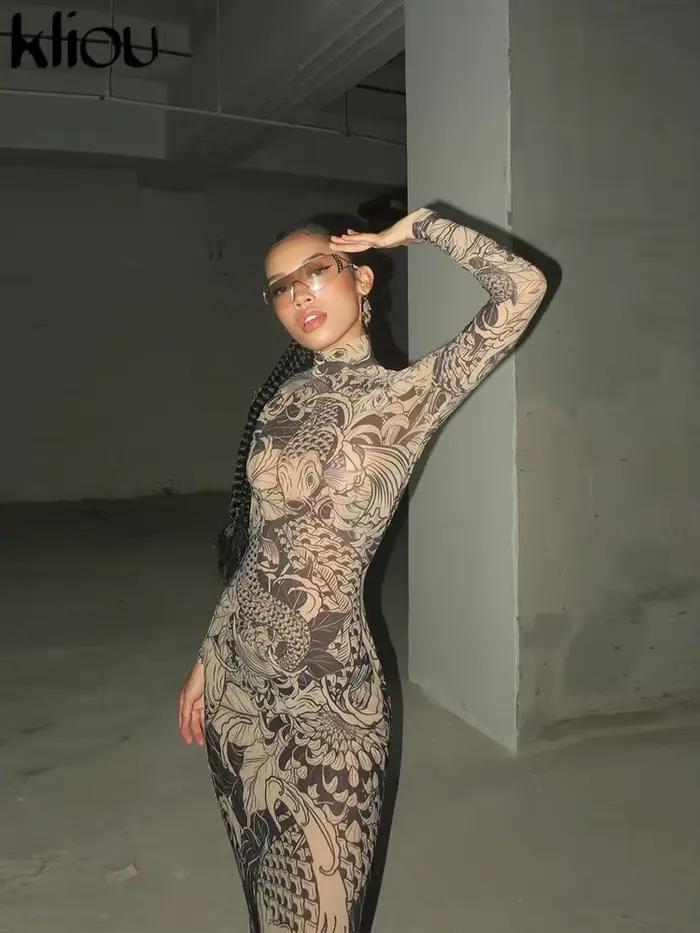 Kliou – Robe Maxi en maille imprimée Vintage pour femmes