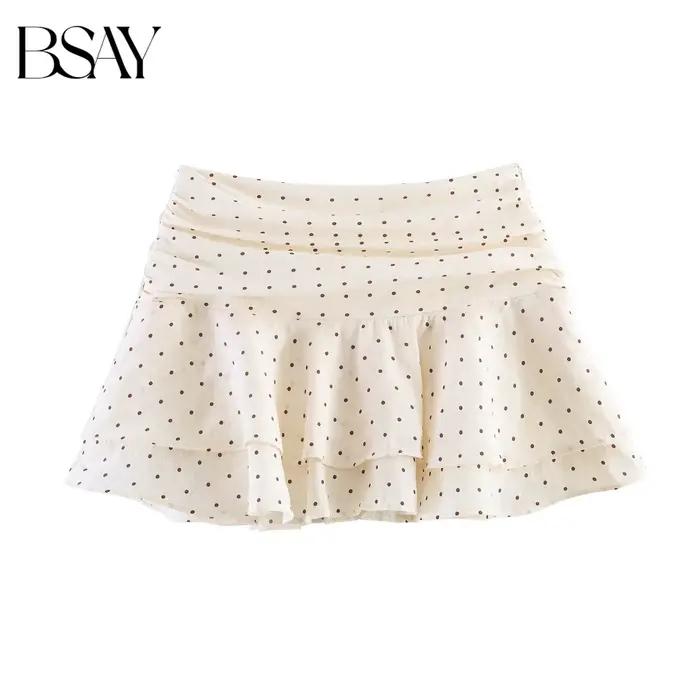 BSAY Nouvelle jupe-short beige à pois pour femme, taille haute, plissée, à volants, superposée, mini-jupe décontractée d'été pour la plage avec doublure