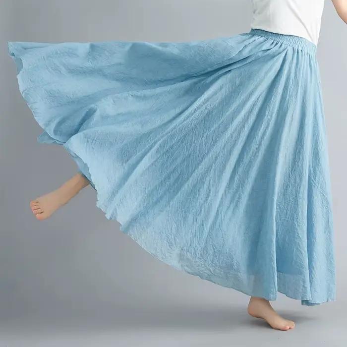 Jupe longue évasée en coton et lin de couleur unie pour femme