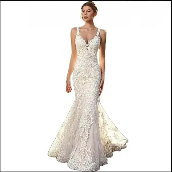 Robe de mariée sirène sexy à col en V et fines bretelles, style français amincissant et élégant, avec effet de transparence, personnalisable