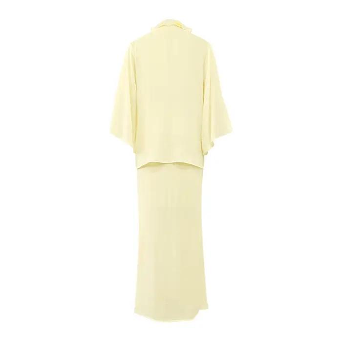 Ensemble jupe plissée abricot 2 pièces pour femmes, chemises légèrement transparentes à manches évasées, haut fendu, jupe longue, printemps été 2026 pour occasions semi-formelles et journées quotidiennes