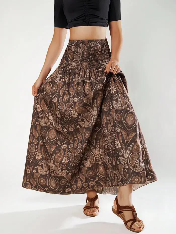 Jupes pour femmes, jupes smockées à taille haute, imprimé paisley, fluides, évasées, bohèmes, décontractées, maxi