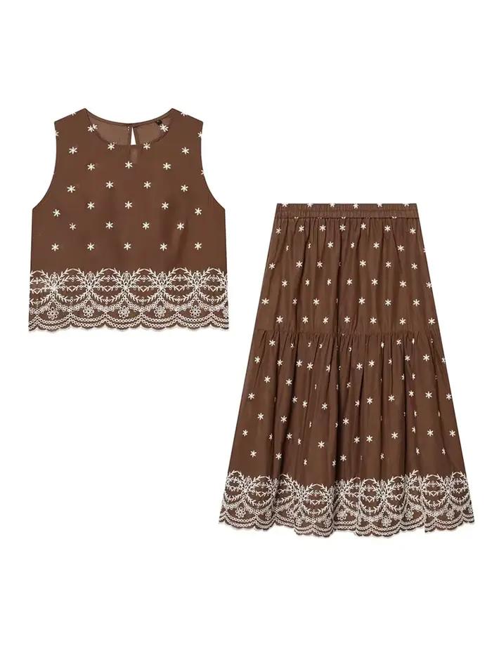 Ensemble jupe de vacances pour femme HH – Haut court sans manches à col rond et broderie ajourée +