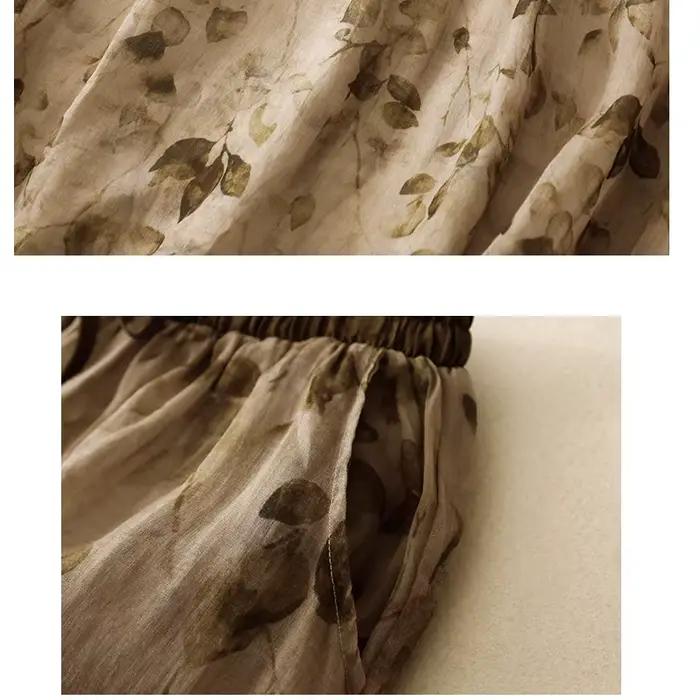 Jupe taille haute imprimée double couche en coton et lin pour femmes