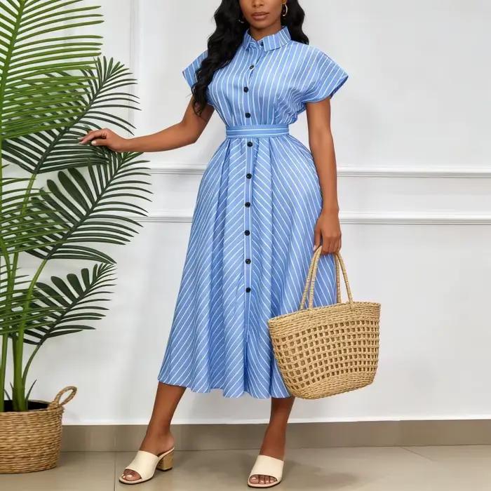 Robe longue femme coupe trapèze col rabattu manches courtes rayée élégante simple boutonnage à lacets pour le travail Printemps 2026