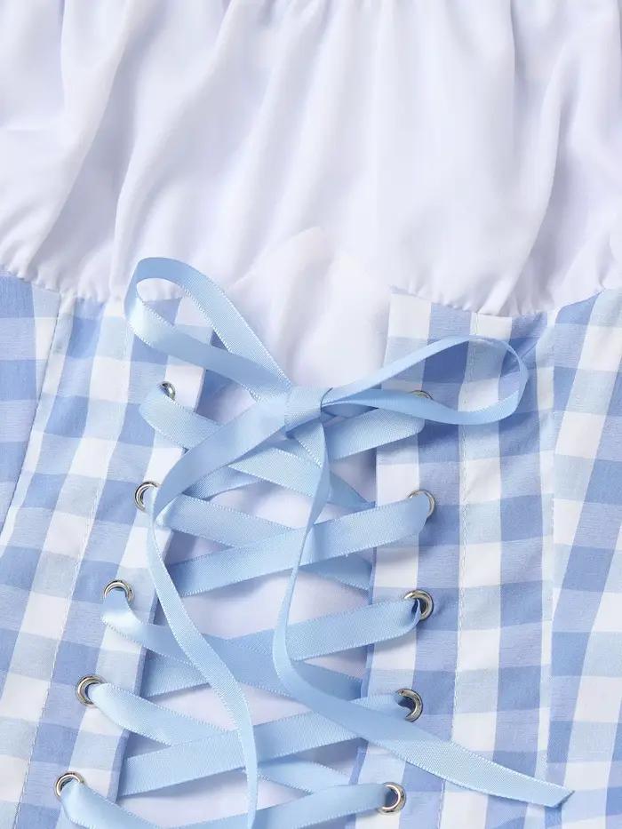 Robe vichy bleue pour femmes, imprimé écossais, manches courtes, en Tulle, conte de fées, Halloween, Costume de Cosplay, robes de fête de carnaval