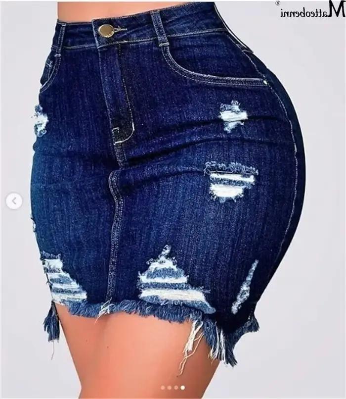 Automne femmes mode Denim jupe déchiré hanche en détresse taille haute bouton crayon jupes femme décontracté été jean