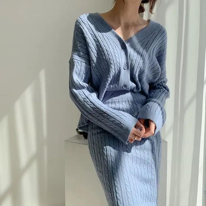Ensemble 2 pièces jupe tricotée aux genoux pour femme