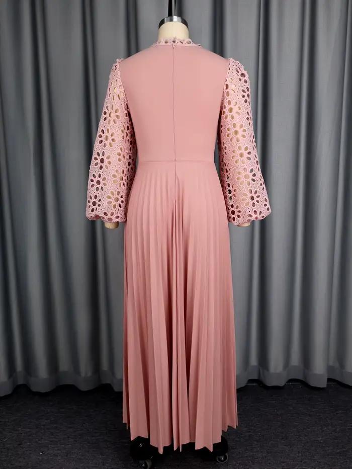 Robe longue plissée en dentelle Patchwork rose, col rond, manches lanternes, élégante, décontractée, tenue de bureau, longueur cheville
