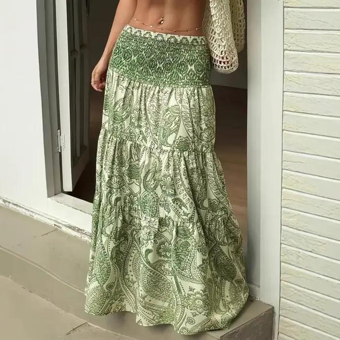 Jupe longue plissée taille haute imprimée style bohème pour femme