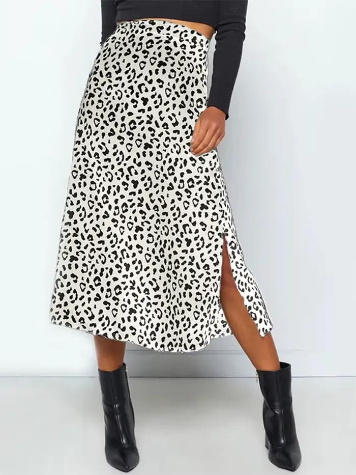 Jupe fendue en mousseline de soie imprimé léopard pour femmes, jupes longues décontractées, fermeture éclair, élégante, sexy, mode féminine, printemps, été, nouveau, 2024