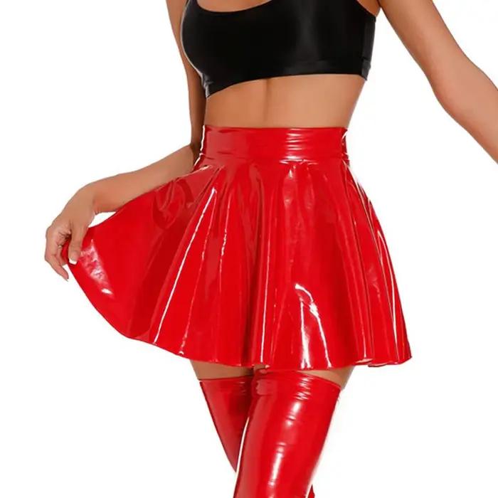 Jupe plissée évasée brillante à l'huile pour femmes, Sexy, look mouillé, Faux cuir PU, MINI jupe à volants, vêtements de scène en Club, vêtements de danse