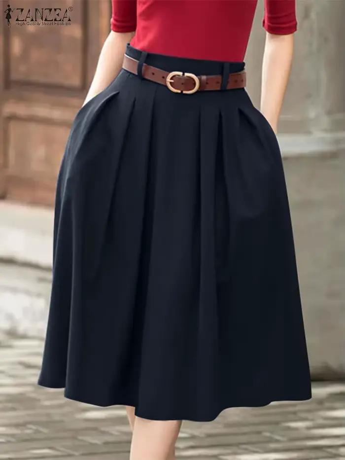 ZANZEA été solide Jupe Midi femmes élégantes taille haute travail OL Jupes mode a-ligne