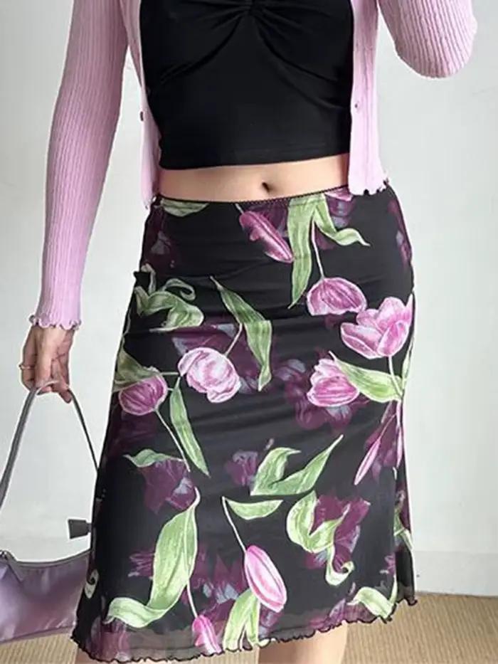 Jupe Vintage Florale en Maille pour Femme