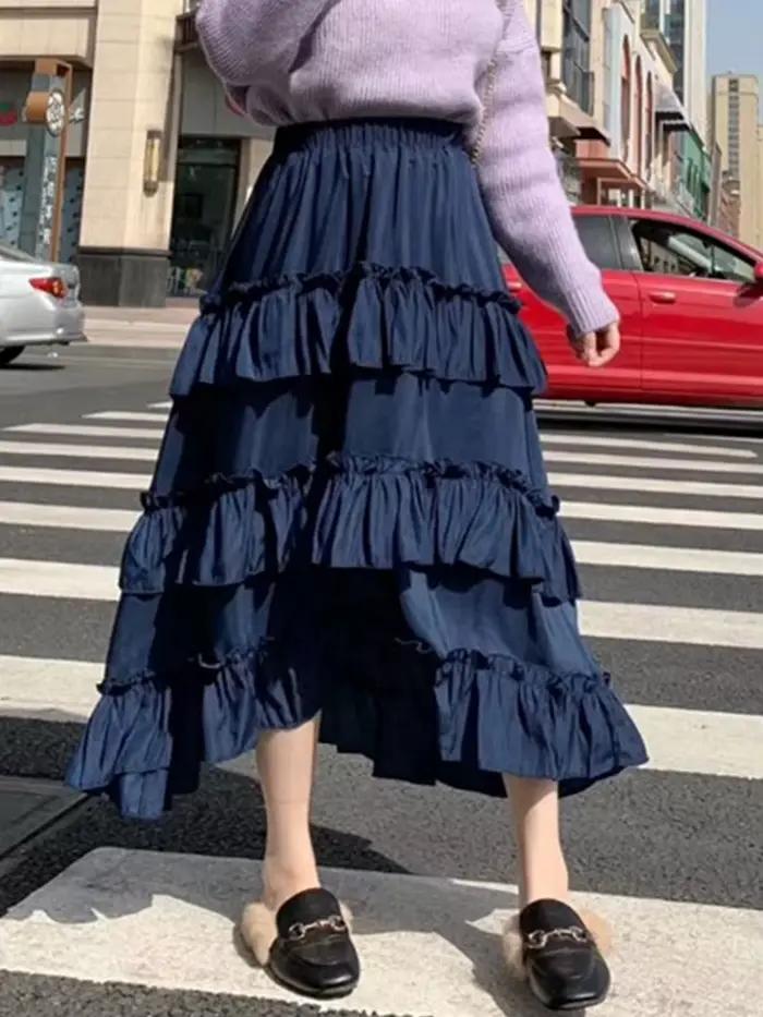 Qiukichonson-Jupe Longue Midi pour Femme, Vêtement Maxi, Goth Lolita, Taille Haute, Bas, Froncé, à Volants, Style Rok, Été