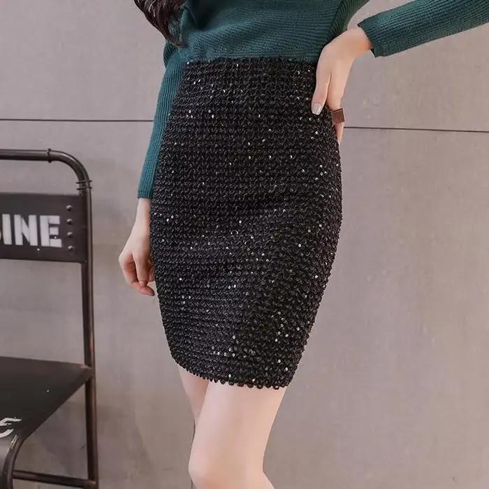 Jupes mi-longues à sequins pour femmes, jupe ronde, taille haute, vêtements élastiques, mode coréenne, chic et élégante, hanche serrée, sexy