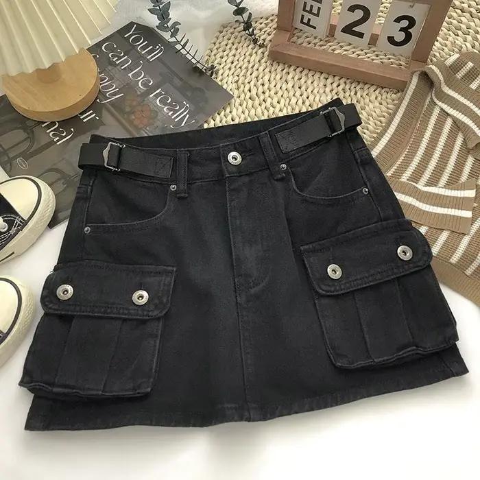Vintage Denim Cargo jupes femmes Chic haute rue 4 couleurs tout-match été Hotsweet Ins poches Mini a-ligne Faldas Sexy collège