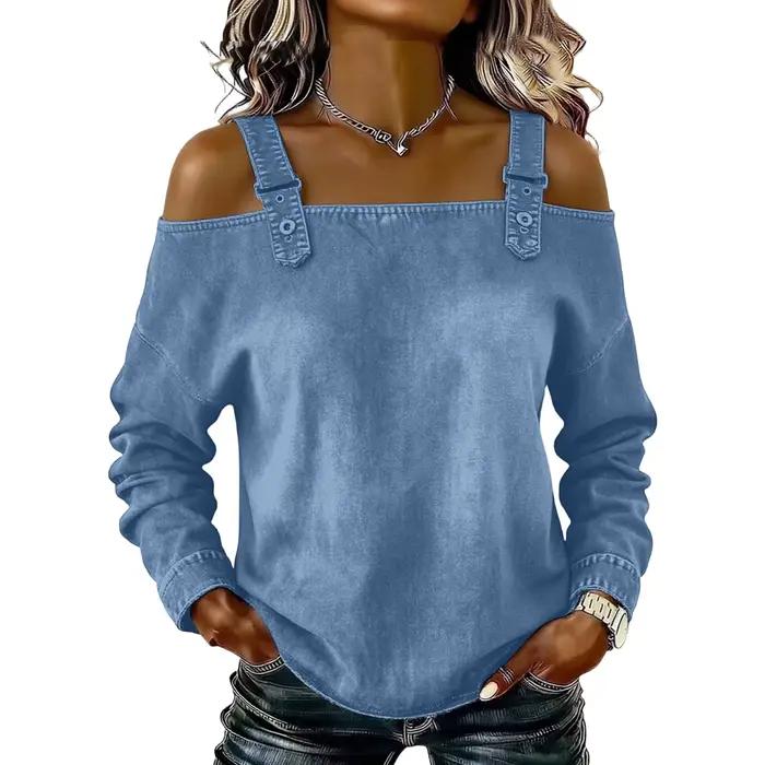 Haut en jean pour femme, haut élégant à épaules dénudées et manches longues avec bretelles, chemise en jean élégante et polyvalente, Streetwear