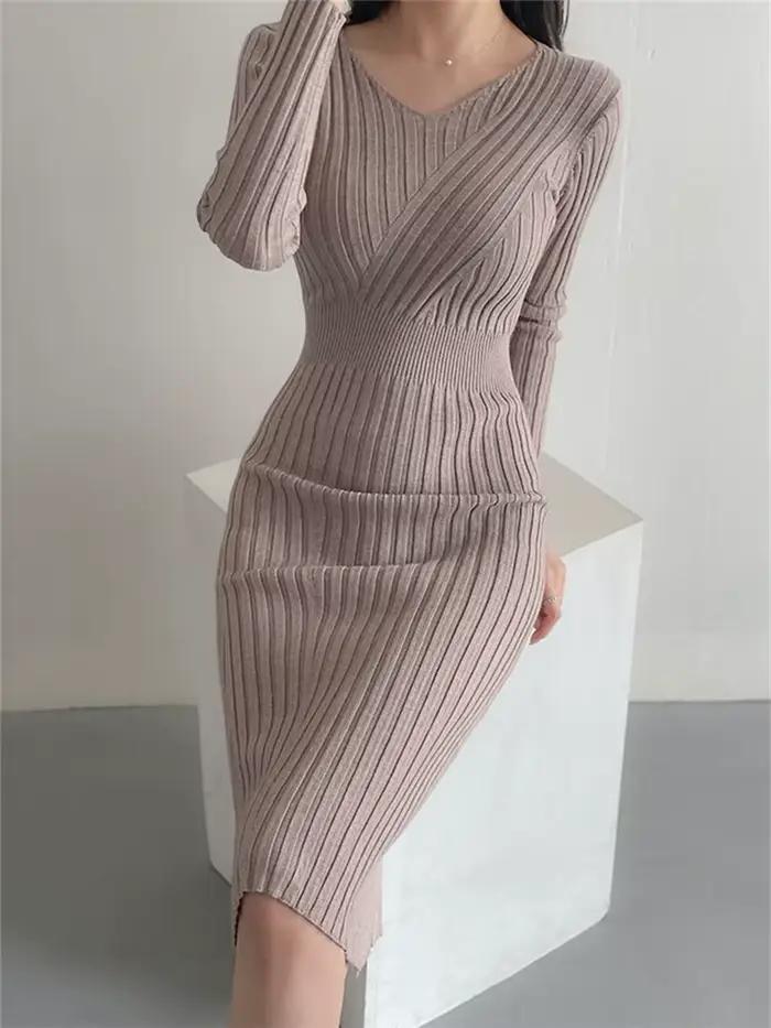 Robe pull en tricot pour femmes, Vintage, paquet de tricot, hanche élégante, tricot élastique, robes mi-longues pour automne et hiver
